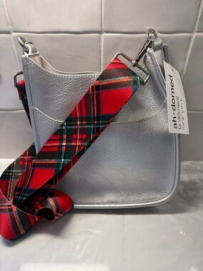 Silver Crossbody Bag with Red Plaid Strap
